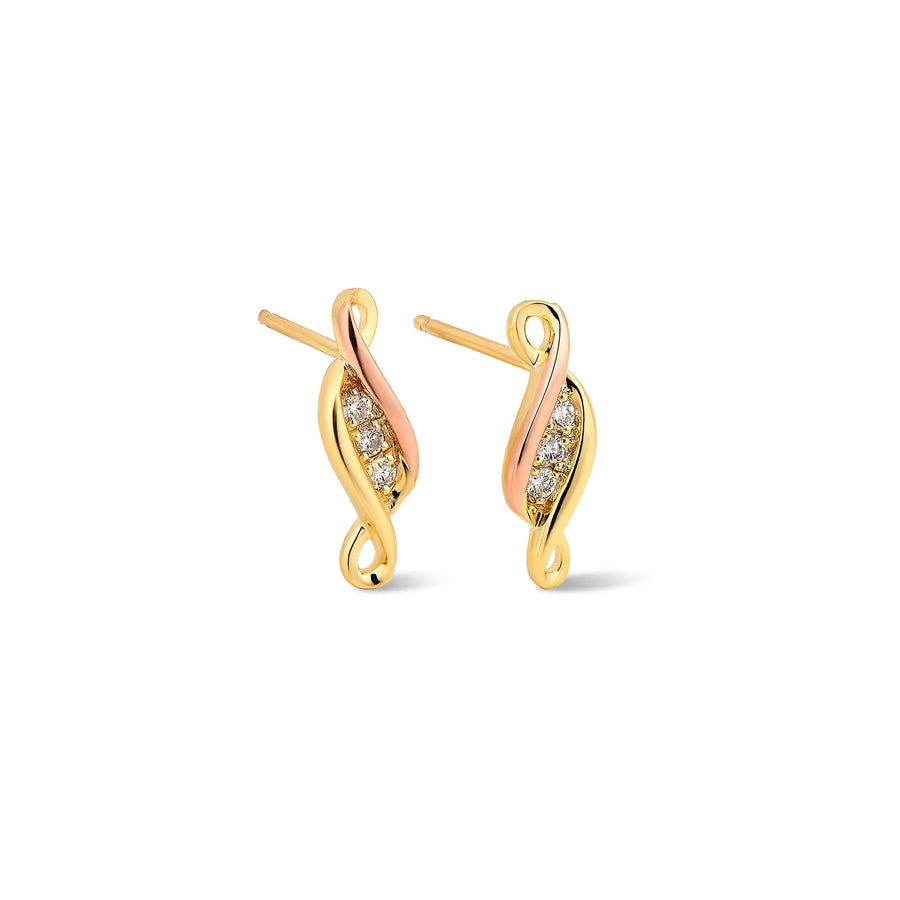 Niche Jewellery Clogau Past Present Future stud earrings in 9ct yellow and rose gold with three sparkling diamonds.
