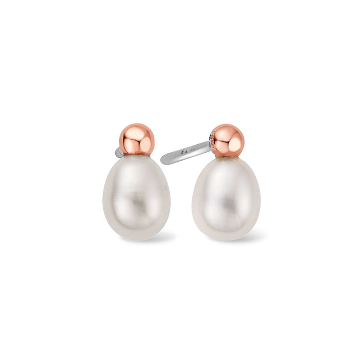 Niche Jewellery Clogau sterling silver stud earrings featuring lustrous freshwater pearls and rose gold accents.