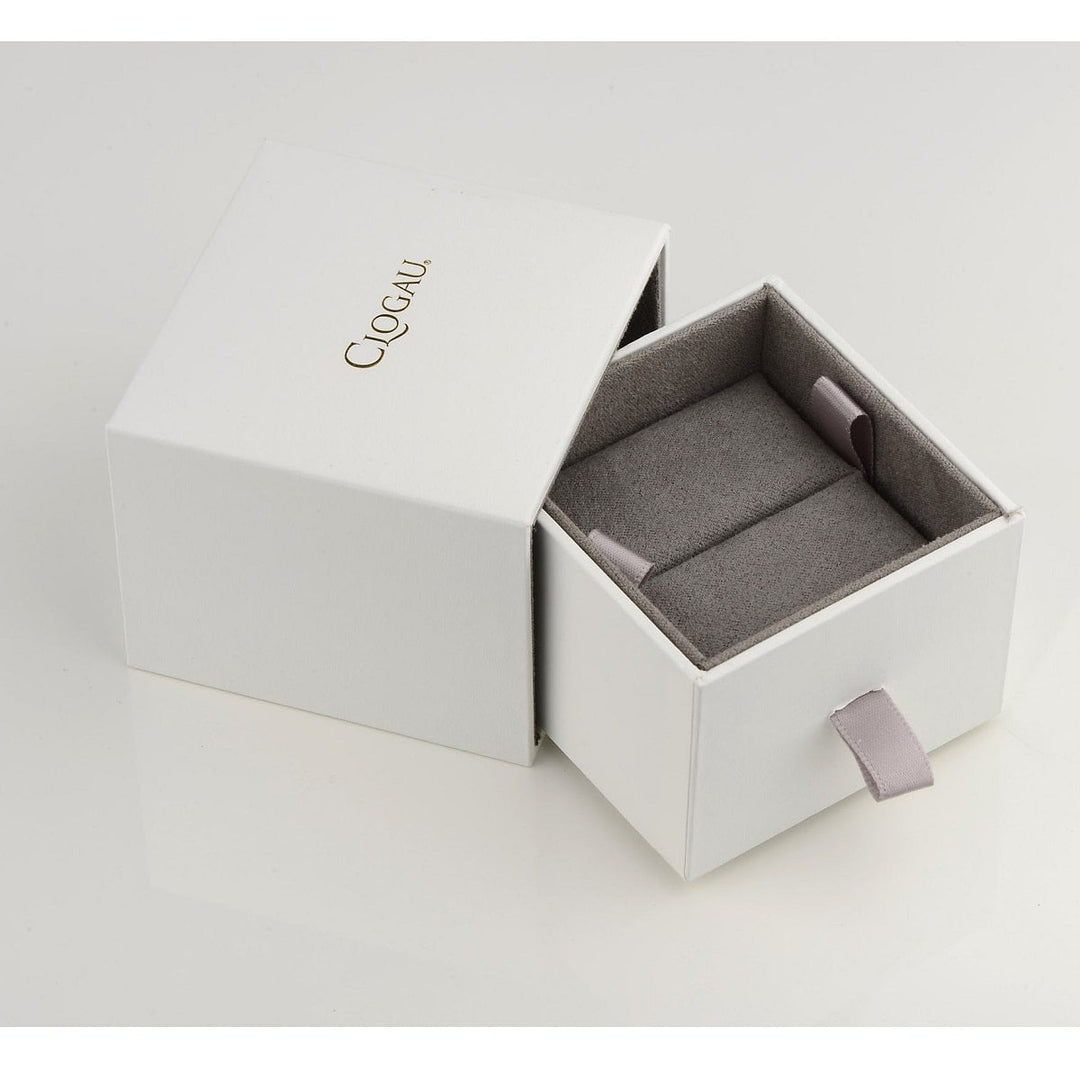 Niche Jewellery Clogau branded white gift box with grey velvet interior for a ring presentation