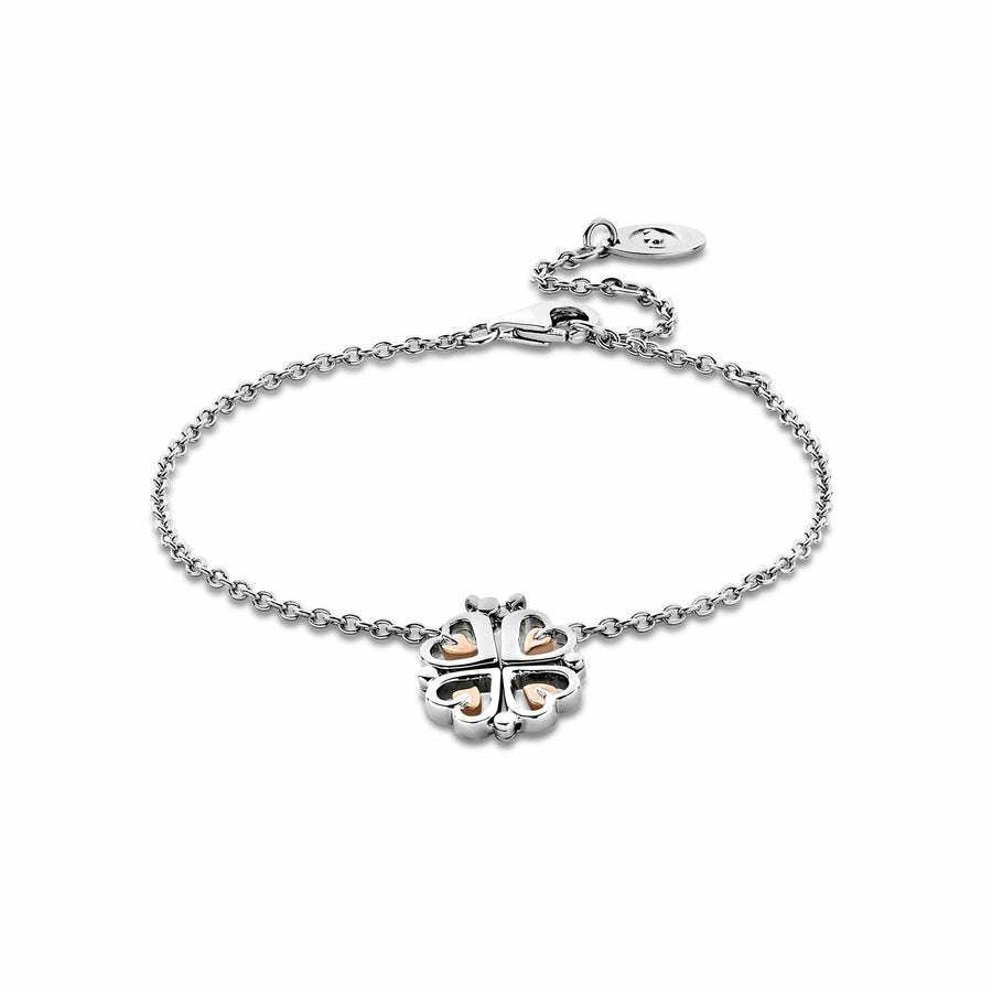 Niche Jewellery Clogau sterling silver bracelet featuring a heart-shaped flower motif with 9ct rose gold accents.