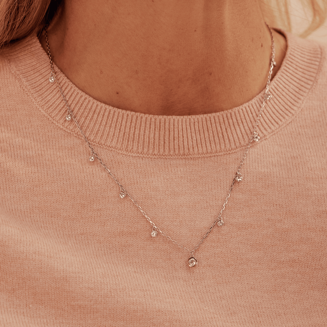 Niche Jewellery Clogau Celebration sterling silver necklace with white topaz stones on a delicate chain