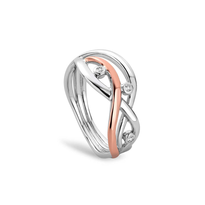 Niche Jewellery Clogau Nature's Wonder ring in sterling silver and rose gold with white topaz stones.