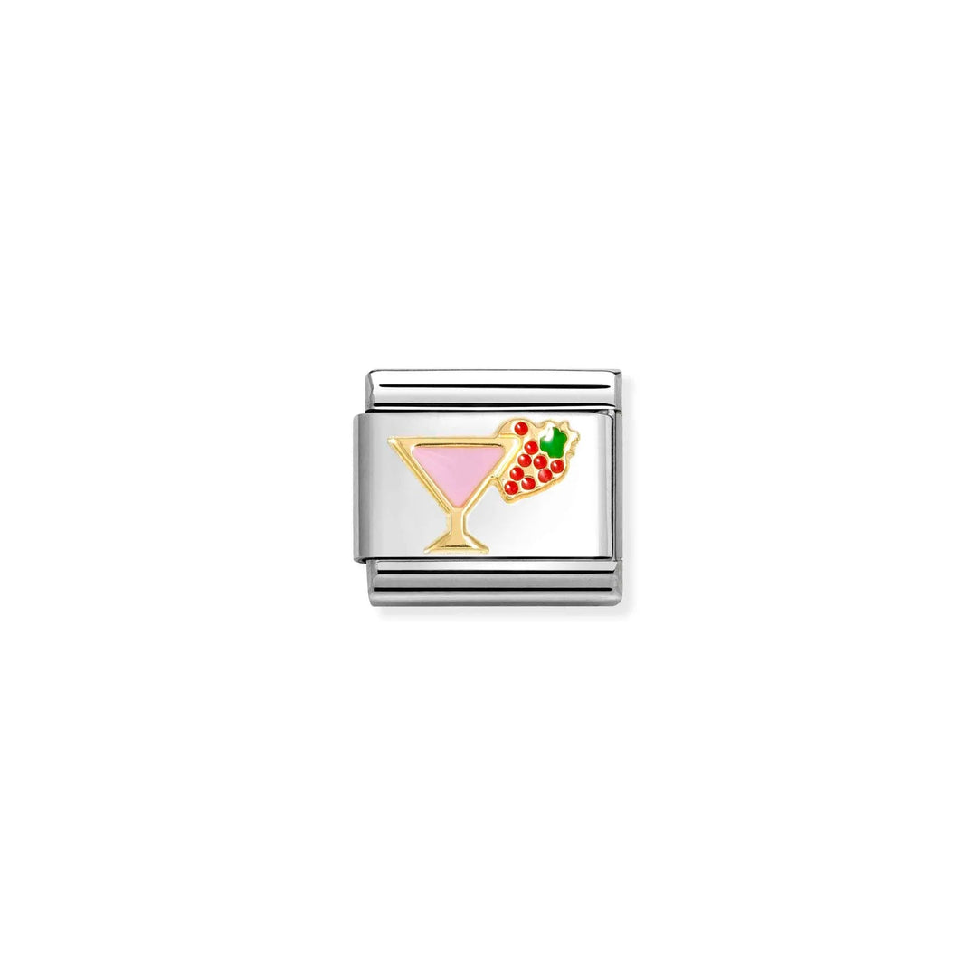 Niche Jewellery Nomination charm featuring a gold and pink enamel cocktail glass design on stainless steel