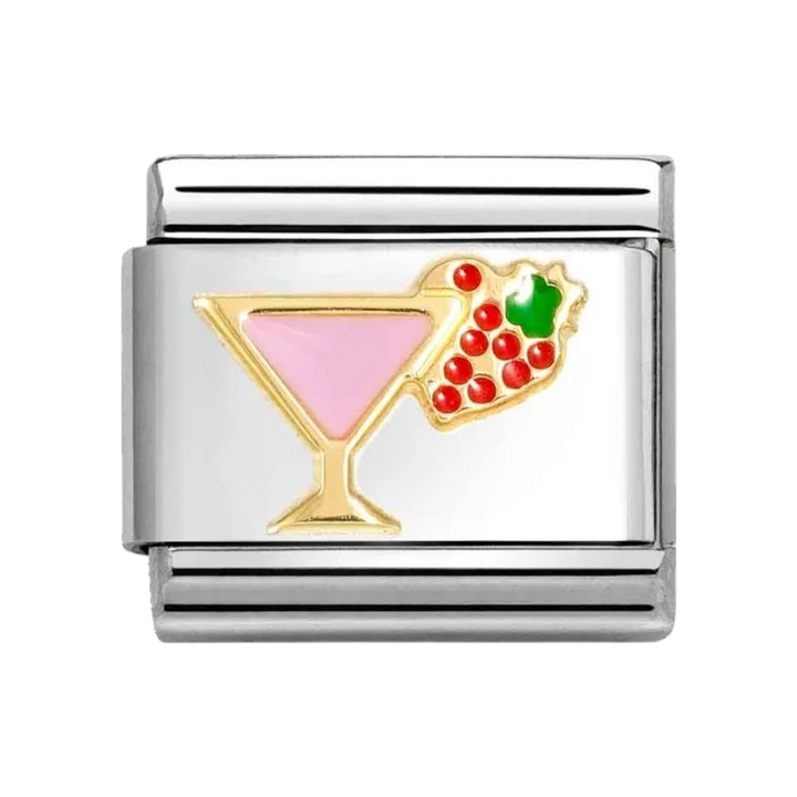 Niche Jewellery Nomination charm featuring a cocktail glass in 18k gold, pink enamel, and stainless steel.