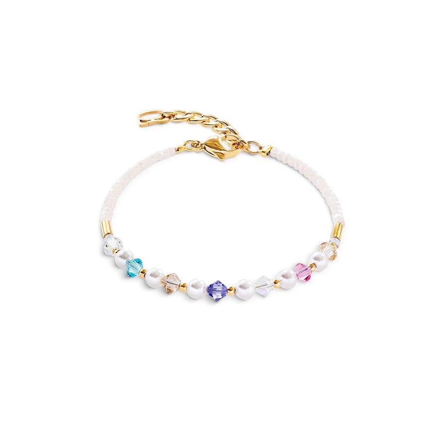 Niche Jewellery Coeur De Lion Princess Pearls bracelet featuring rainbow Swarovski crystals and gold-tone chain.