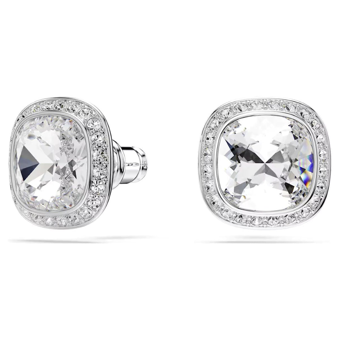 Niche Jewellery Swarovski Una Angelic cushion-cut stud earrings in white crystal with rhodium plating and pavé border