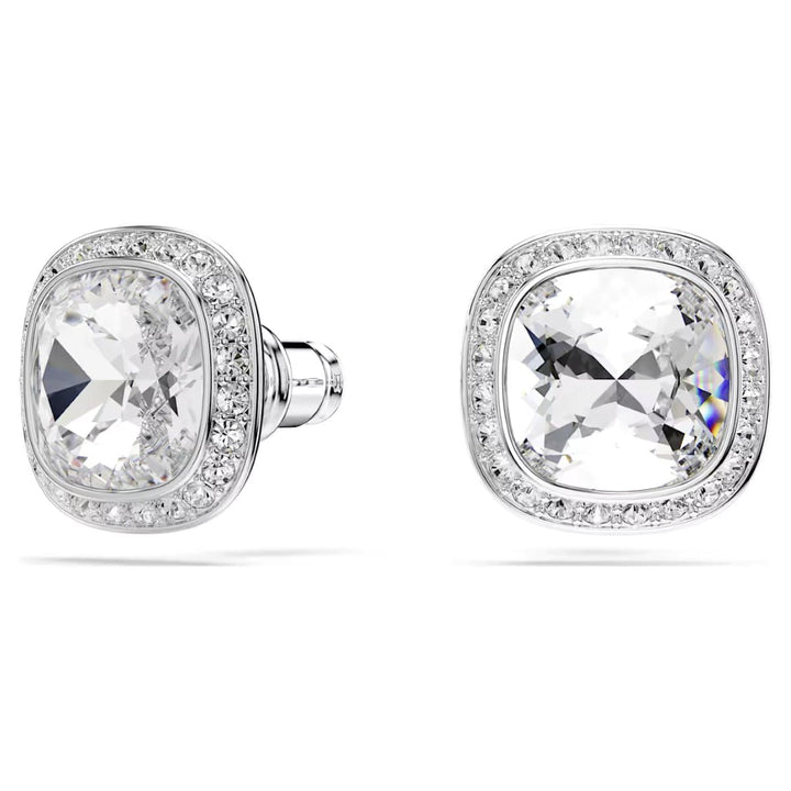 Niche Jewellery Swarovski Una Angelic cushion-cut stud earrings in white crystal with rhodium plating and pavé border