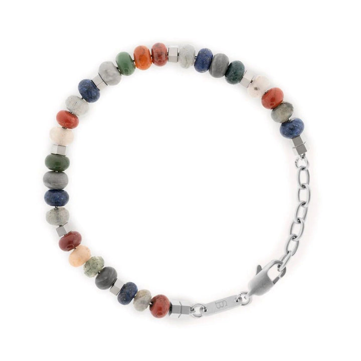 Niche Jewellery Steel & Barnett Cyrus gemstone bracelet with multi-coloured natural stone beads and stainless steel.
