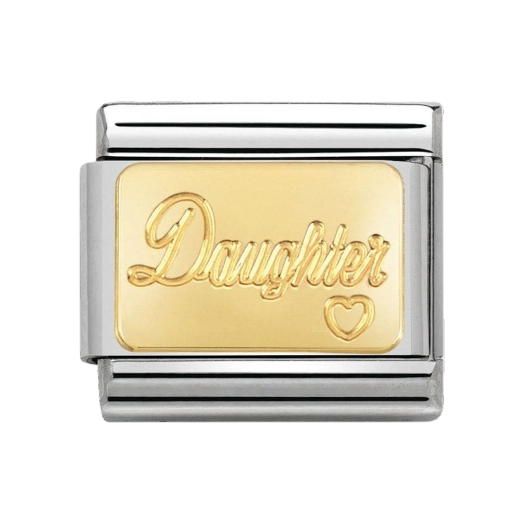 Niche Jewellery stainless steel and 18k gold charm engraved with 'Daughter' and a small heart.