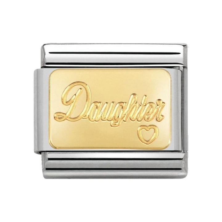 Niche Jewellery stainless steel and 18k gold charm engraved with 'Daughter' and a small heart.