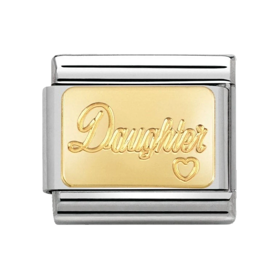 Niche Jewellery stainless steel and 18k gold charm engraved with 'Daughter' and a small heart.