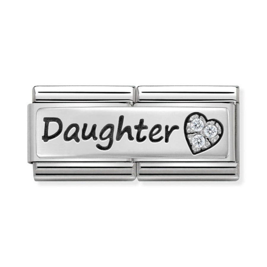 Niche Jewellery silver double link charm with 'Daughter' engraving and a heart motif with cubic zirconia stones.