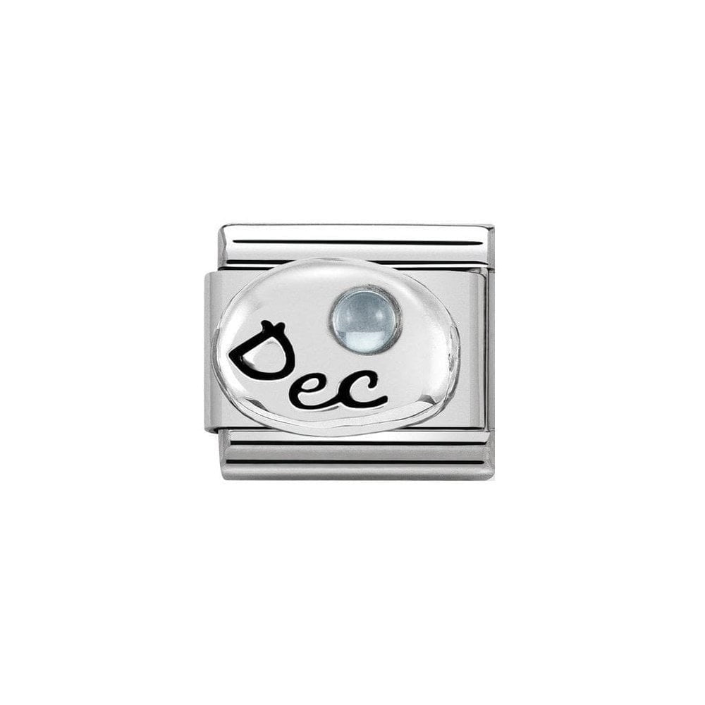 Niche Jewellery silver charm with "Dec" engraving and a light blue zirconia stone, representing December birthstone.