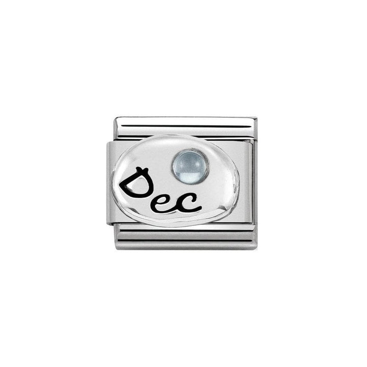 Niche Jewellery silver charm with "Dec" engraving and a light blue zirconia stone, representing December birthstone.