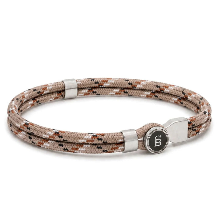 Niche Jewellery Steel & Barnett desert camo rope bracelet with stainless steel clasp and black enamel logo detail.