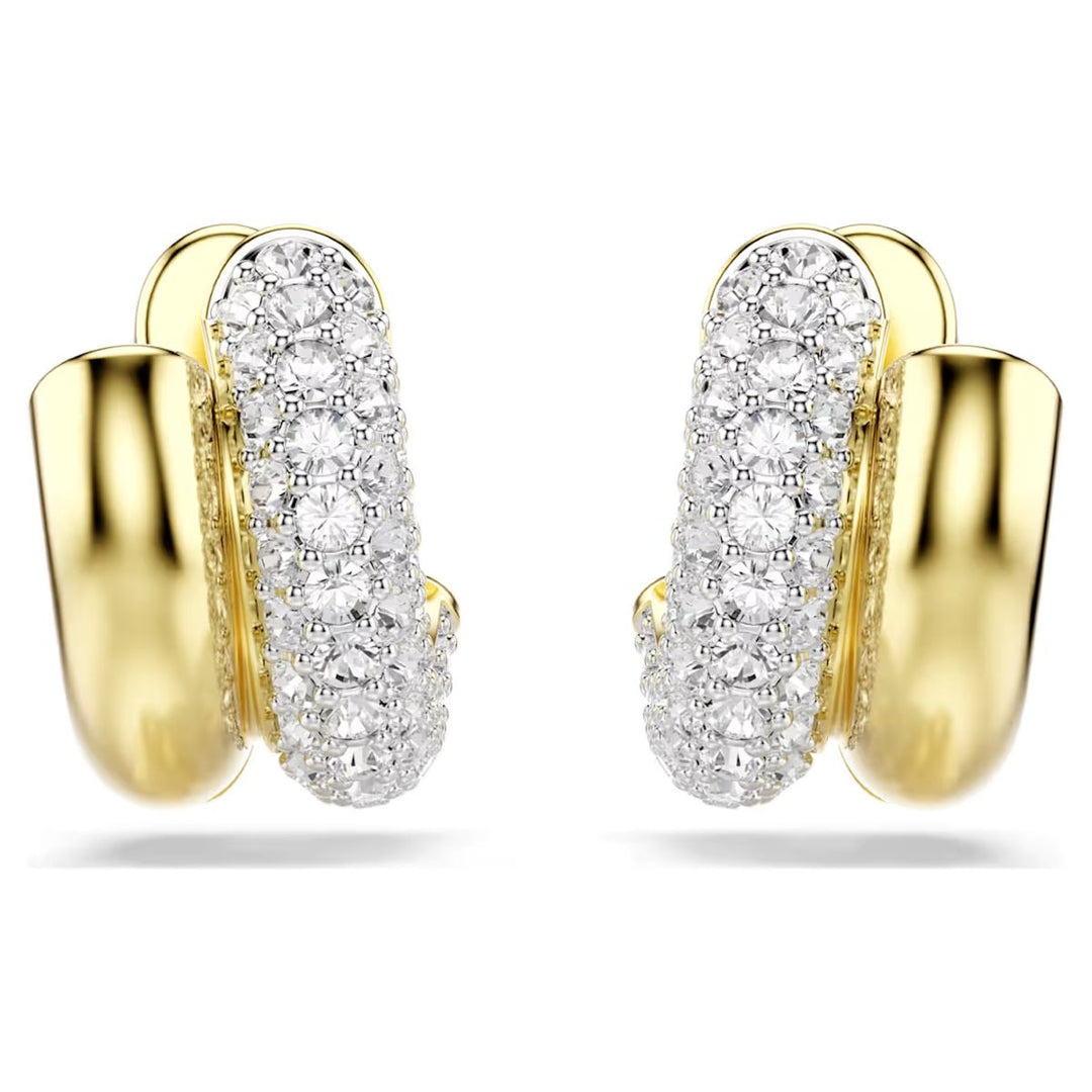 Niche Jewellery Swarovski Dextera mini hoop earrings featuring round-cut white crystals on gold-tone plated metal.