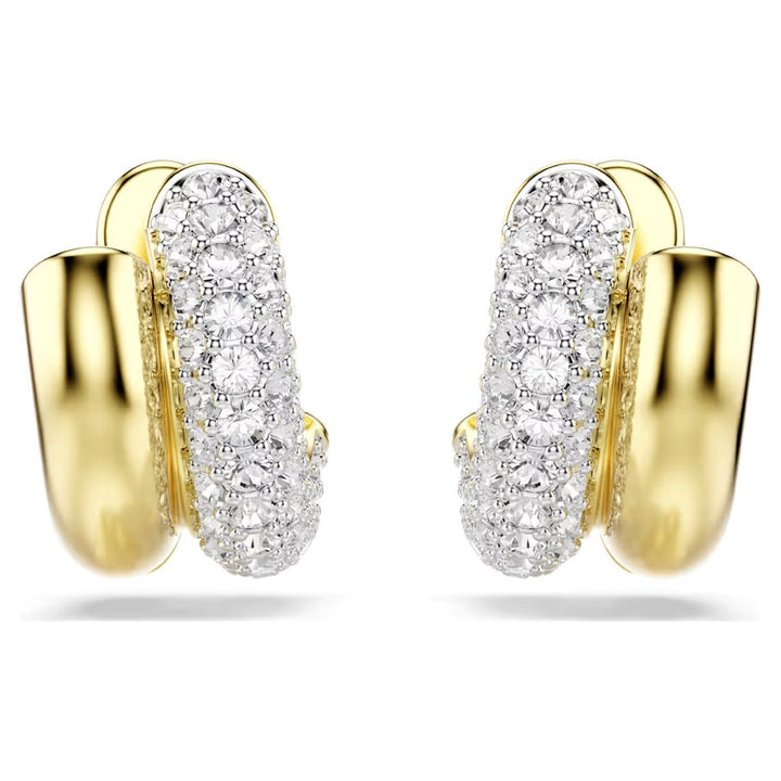 Niche Jewellery Swarovski Dextera mini hoop earrings featuring round-cut white crystals on gold-tone plated metal.