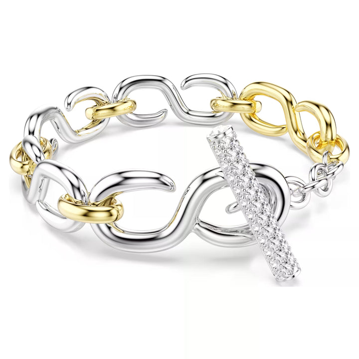 Niche Jewellery Swarovski Dextera bracelet featuring mixed gold and silver tone chain links with a crystal T-bar clasp.