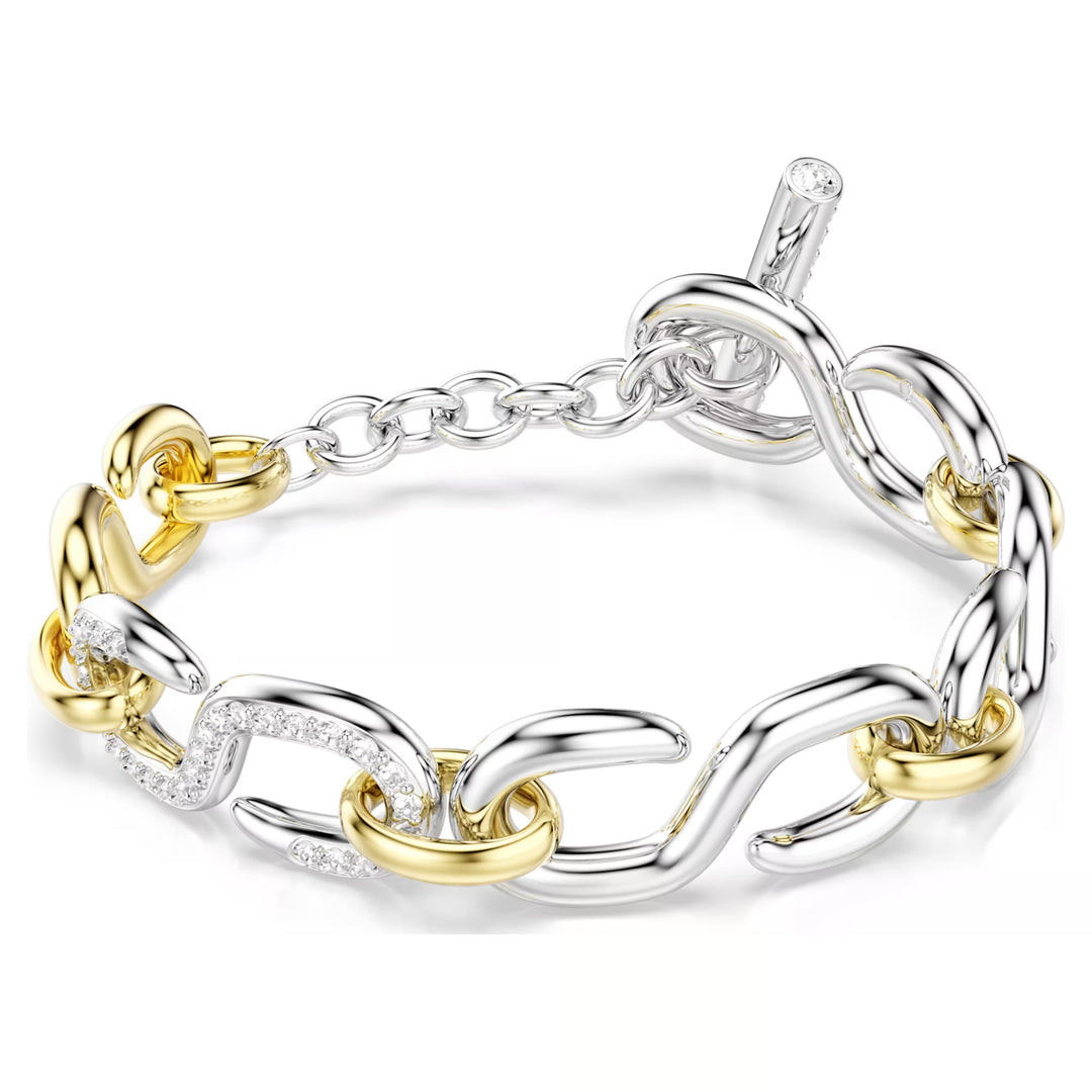 Niche Jewellery Swarovski Dextera bracelet featuring mixed gold and silver tone chain links with white crystals.
