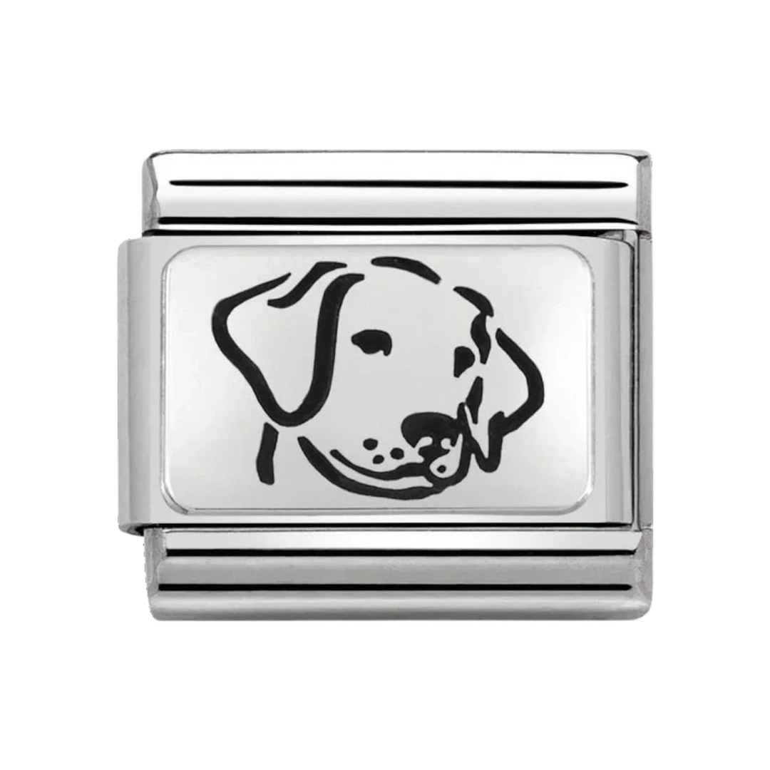 Niche Jewellery Nomination stainless steel charm featuring an oxidised silver dog face design for composable bracelets