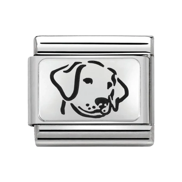 Niche Jewellery Nomination stainless steel charm featuring an oxidised silver dog face design for composable bracelets