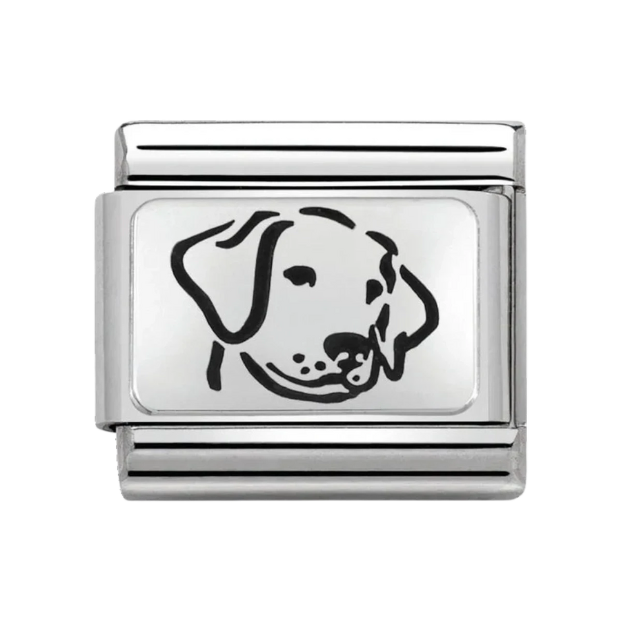 Niche Jewellery Nomination stainless steel charm featuring an oxidised silver dog face design for composable bracelets