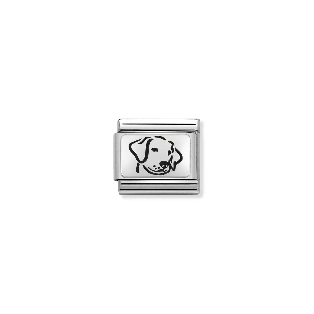 Niche Jewellery Nomination stainless steel charm featuring an oxidised silver dog face design for bracelets.