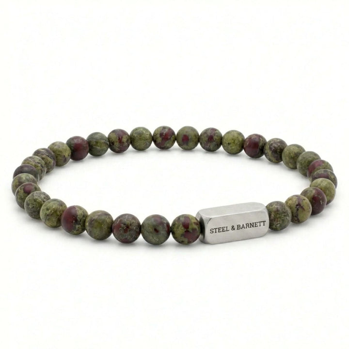 Niche Jewellery Steel & Barnett 6mm dragon's blood jasper bead bracelet with brushed stainless steel accent