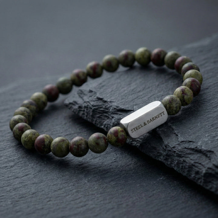 Niche Jewellery Steel & Barnett 6mm dragon's blood jasper bead bracelet with brushed stainless steel accent