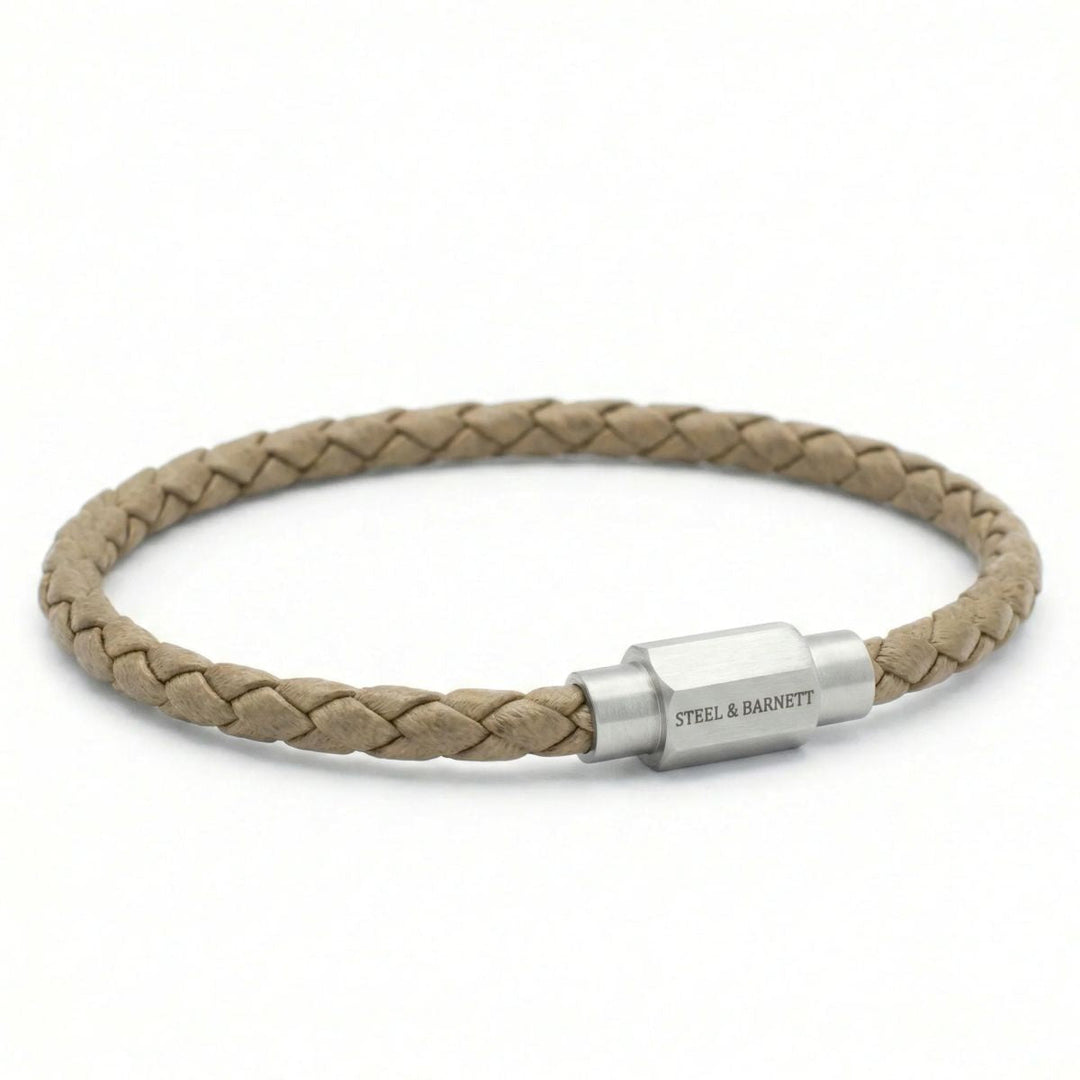 Niche Jewellery Steel & Barnett thin braided ecru nappa leather bracelet with a brushed stainless steel clasp.
