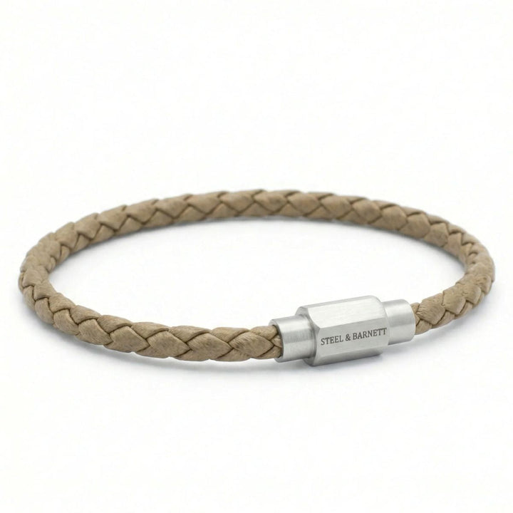 Niche Jewellery Steel & Barnett thin braided ecru nappa leather bracelet with a brushed stainless steel clasp.
