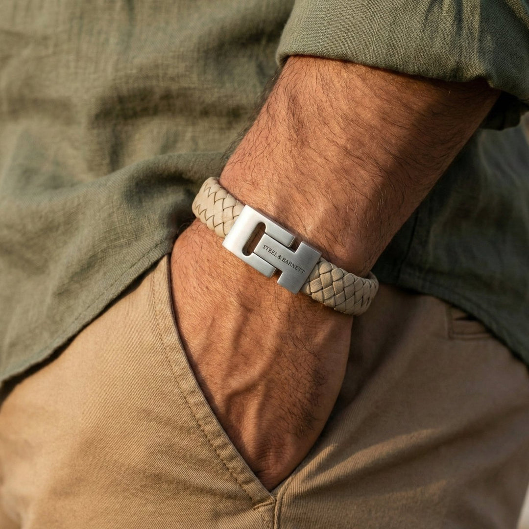 Niche Jewellery Steel & Barnett thick braided ecru nappa leather bracelet with a stainless steel magnetic clasp.
