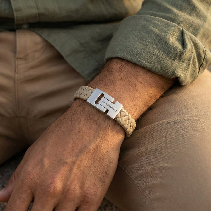 Niche Jewellery Steel & Barnett thick braided ecru nappa leather bracelet with a brushed stainless steel clasp