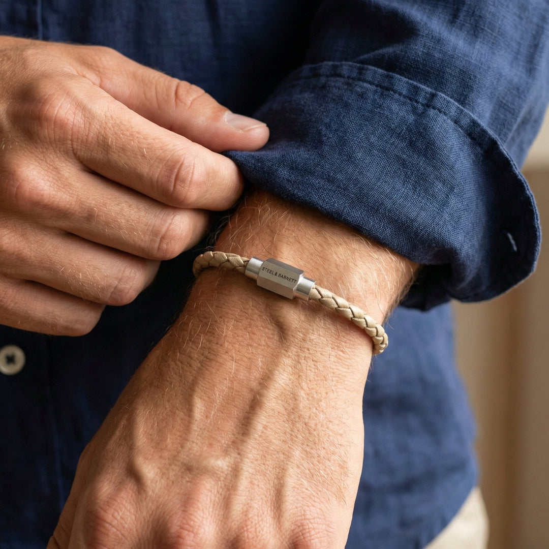 Niche Jewellery Steel & Barnett thin braided ecru nappa leather bracelet with a brushed stainless steel clasp