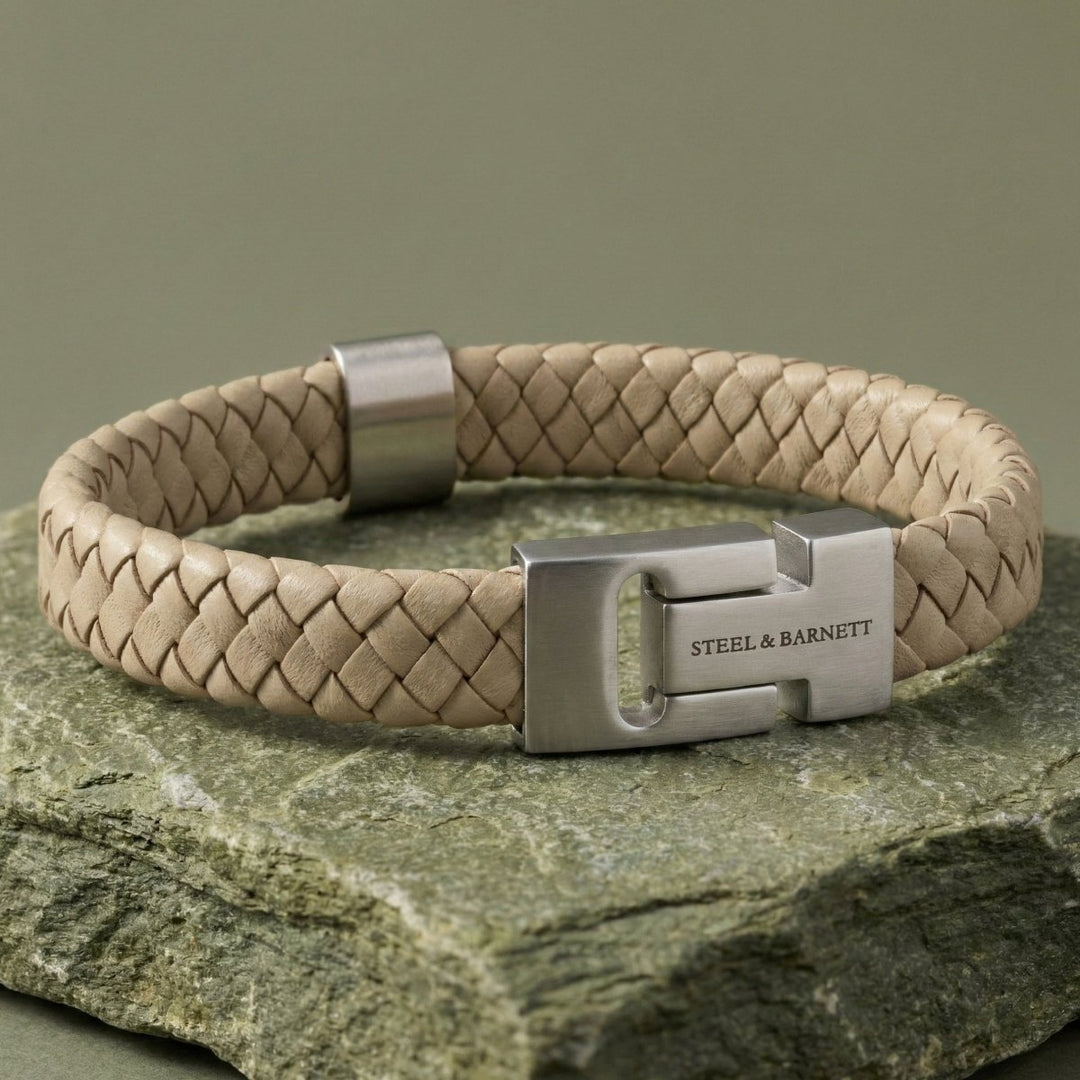 Niche Jewellery Steel & Barnett thick braided ecru nappa leather bracelet with brushed stainless steel clasp