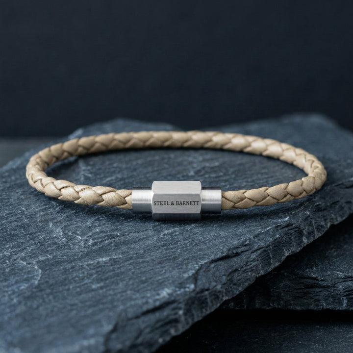 Niche Jewellery Steel & Barnett thin braided ecru nappa leather bracelet with a brushed stainless steel clasp.