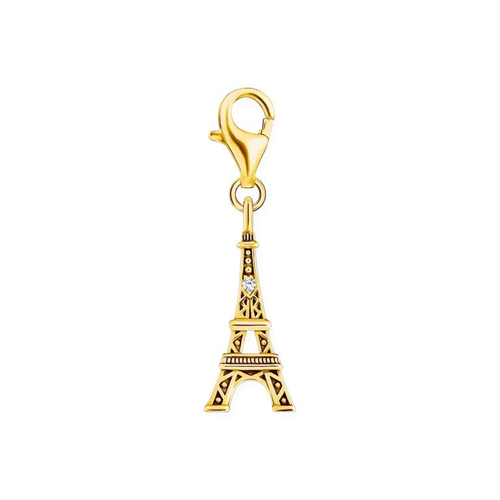 Niche Jewellery gold-plated Eiffel Tower charm pendant with zirconia stone detail. Made from recycled sterling silver.