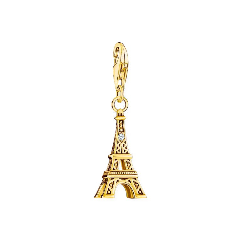 Niche Jewellery gold-plated sterling silver Eiffel Tower charm pendant with white zirconia stone.