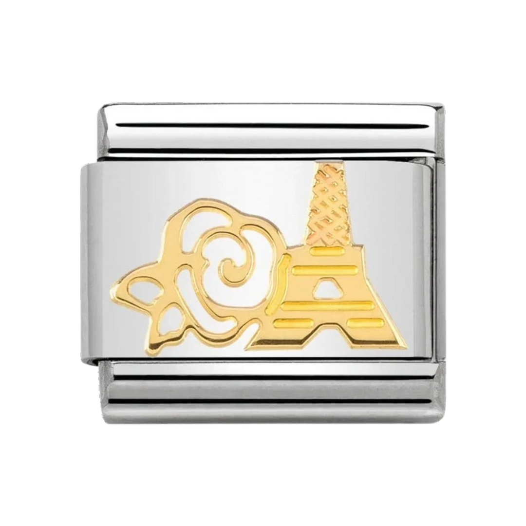 Niche Jewellery Nomination charm featuring an 18k gold rose and Eiffel Tower on a stainless steel link