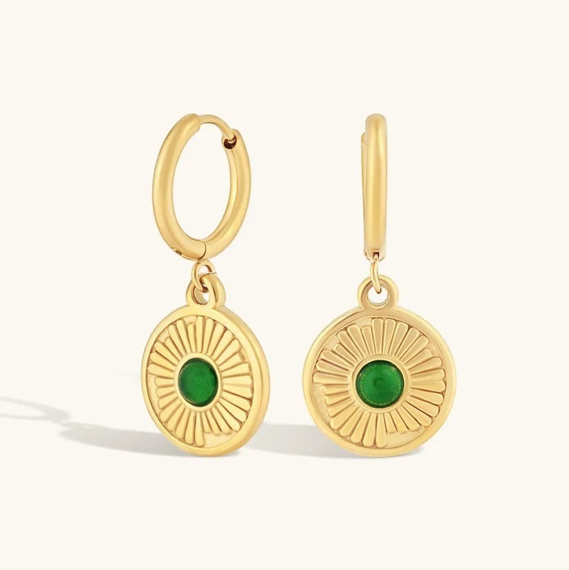 Niche Jewellery Formation Co Boheme emerald hoop earrings in 18k gold plated sterling silver with a sunburst design.