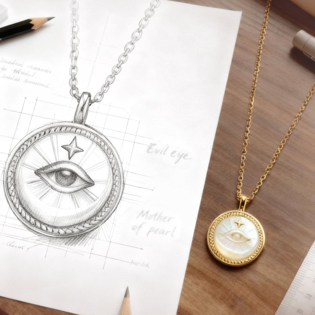 Niche Jewellery Ania Haie evil eye medallion necklace featuring mother-of-pearl inlay and a silver chain on a desk.