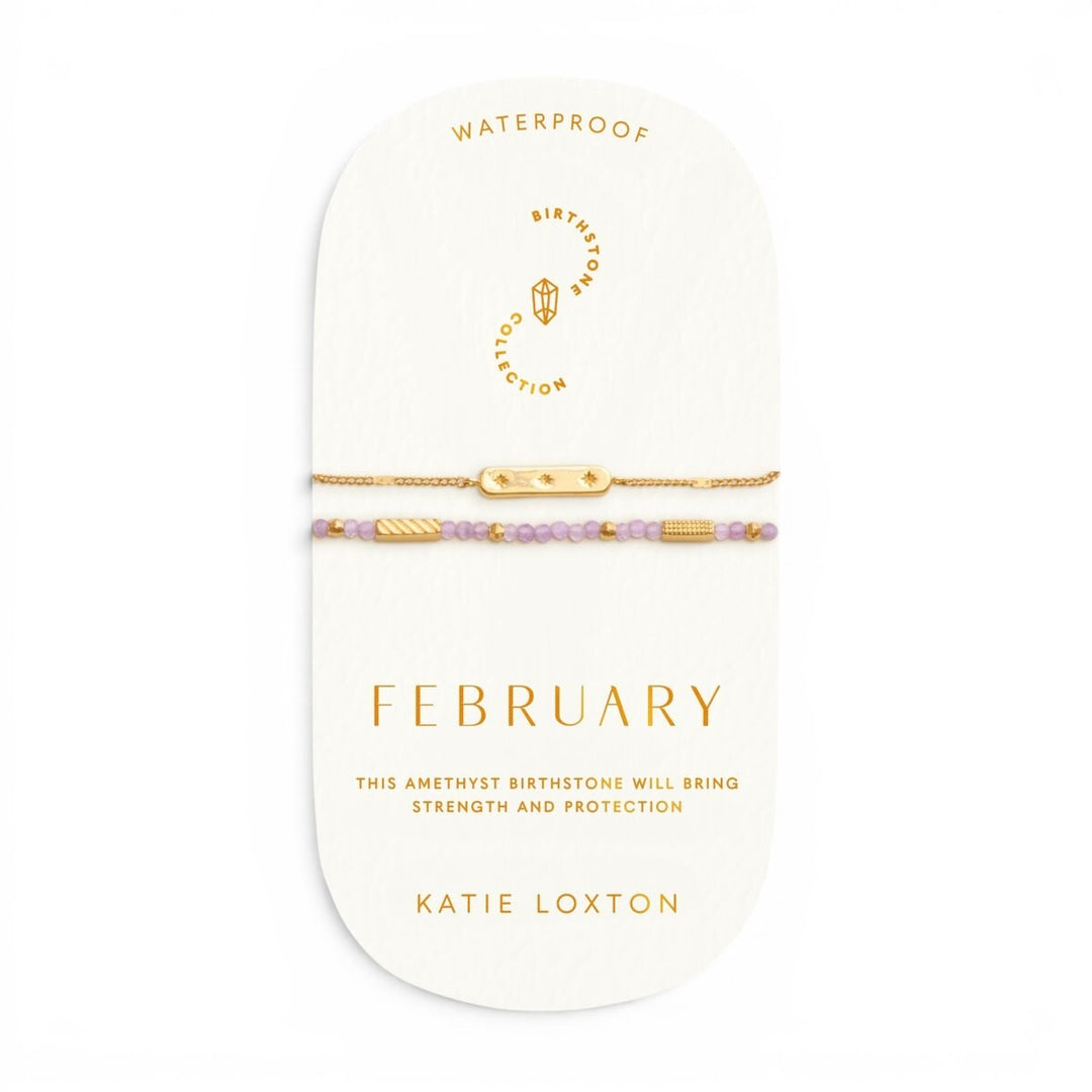 Niche Jewellery Katie Loxton February bracelet set with purple amethyst beads and gold-plated charm. Waterproof.