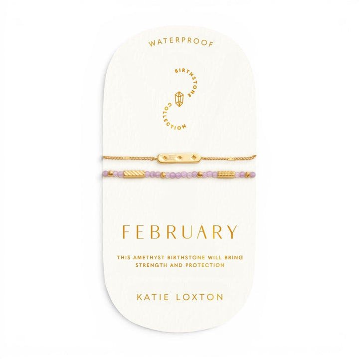 Niche Jewellery Katie Loxton February bracelet set with purple amethyst beads and gold-plated charm. Waterproof.