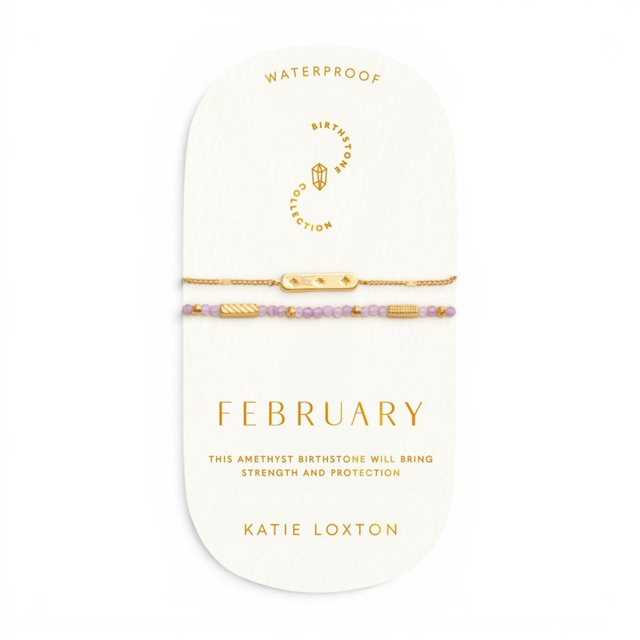 Niche Jewellery Katie Loxton February bracelet set with purple amethyst beads and gold-plated charm. Waterproof.