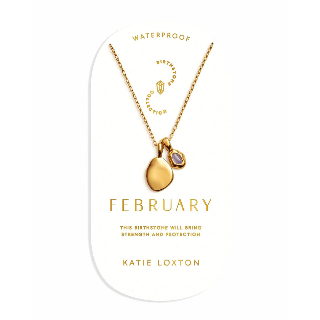 Niche Jewellery Katie Loxton February birthstone necklace featuring a purple stone and gold pendant on a fine chain.