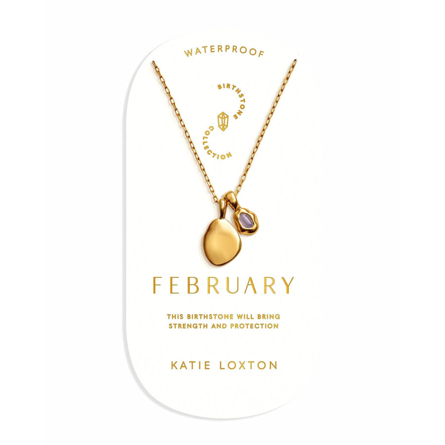 Niche Jewellery Katie Loxton February birthstone necklace featuring a purple stone and gold pendant on a fine chain.