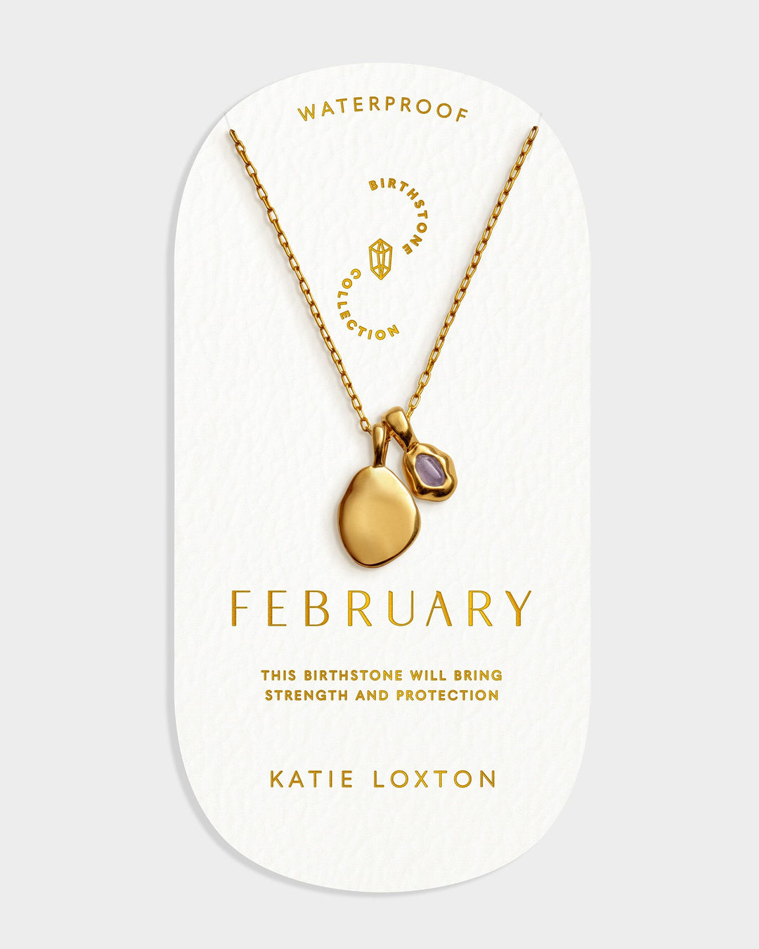 Niche Jewellery Katie Loxton February birthstone necklace featuring a gold-tone chain, organic charm, and violet stone.