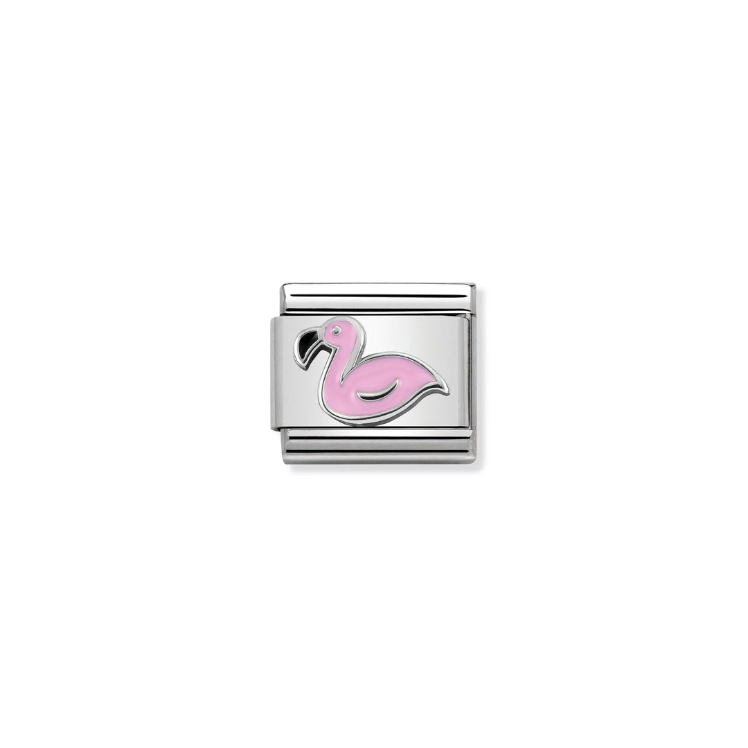 Niche Jewellery Nomination charm featuring a pink enamel flamingo on a sterling silver and stainless steel link