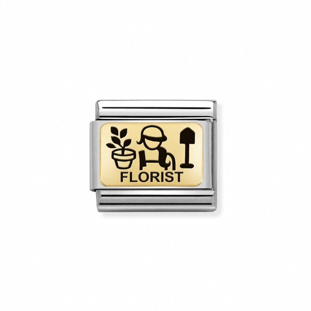 Niche Jewellery florist charm in stainless steel and 18K gold with black enamel design of a person, plant, and shovel.