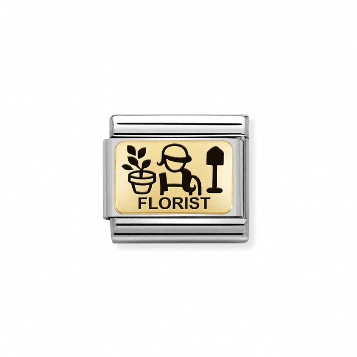Niche Jewellery florist charm in stainless steel and 18K gold with black enamel design of a person, plant, and shovel.